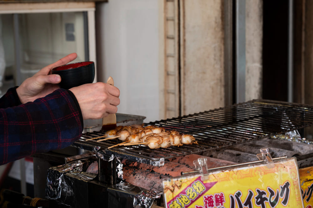 Yakitori is a grilled chicken skewer, with salt or soy glaze