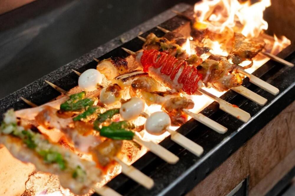 Yakitori, meat (some with vegetables) on skewers
